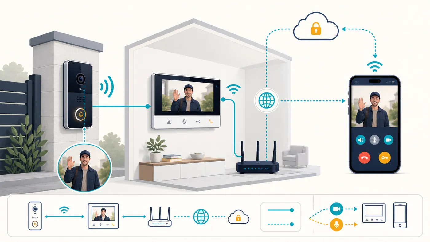 Esquema de funcionamiento de un videoportero WiFi conectado a monitor, router, nube y móvil